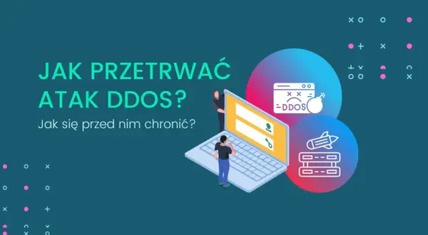 Jak przetrwać atak DDoS? Grafika pokazuje laptopa, na którym wyświetla się komunikat o ataku DDoS, oraz ikonę bomby i rakiety.