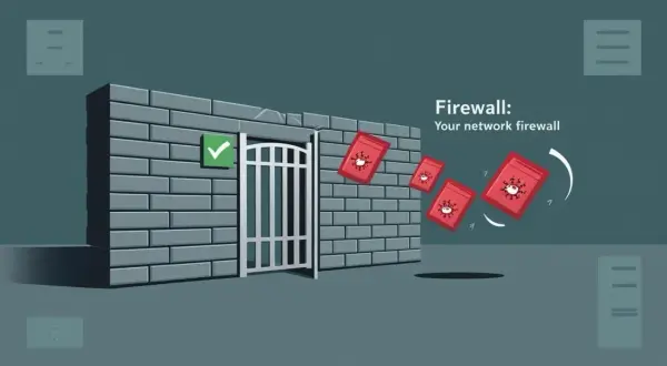Solidna ściana z cegły, symbolizująca firewall, blokuje czerwone paczki z wirusami. Zielony znaczek potwierdza bezpieczeństwo.