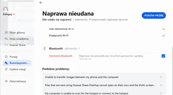 Nieudana naprawa sterownika Bluetooth. Aby włączyć Bluetooth na PC, spróbuj ponownie.