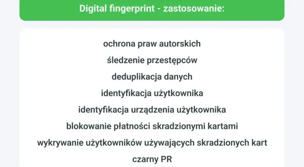 Zastosowania cyfrowego odcisku palca: od ochrony praw autorskich po śledzenie przestępców i wykrywanie użytkowników przez trackerów.