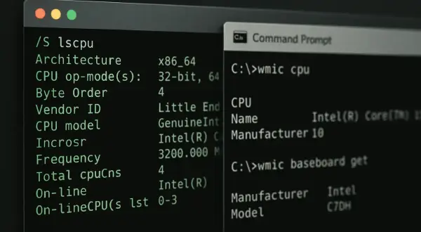 Terminal z komendami `lscpu` i `wmic` pokazuje szczegóły procesora, jak nazwa Intel Core i częstotliwość. To jakby `cpu-z linux` w akcji.