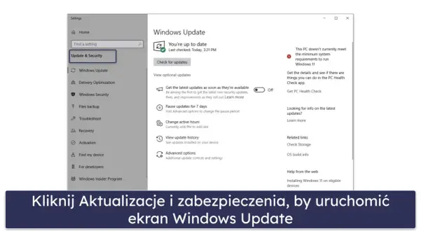 Ekran Ustawień Windows 10, sekcja Aktualizacje i zabezpieczenia. Widoczny komunikat o braku zgodności z wymaganiami Windows 11.