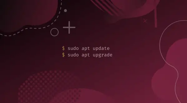 Abstrakcyjne tło w odcieniach burgundu z komendami terminala: `sudo apt update` i `sudo apt upgrade`.