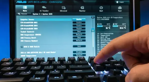 Palec naciska klawisz DEL, aby wejść do BIOS-u ASUS UEFI. Widok ekranu z ustawieniami komputera.