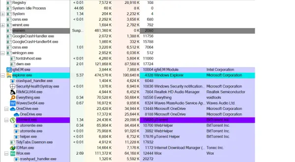 Proces explorer pokazuje procesy systemowe, w tym `explorer.exe` z Microsoft Corporation.