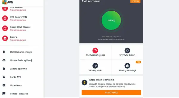 Ekran aplikacji AVG AntiVirus. Widoczne opcje: Skanuj, Zoptymalizuj RAM, Wyczyść śmieci. Brak opcji jak odinstalować AVG.