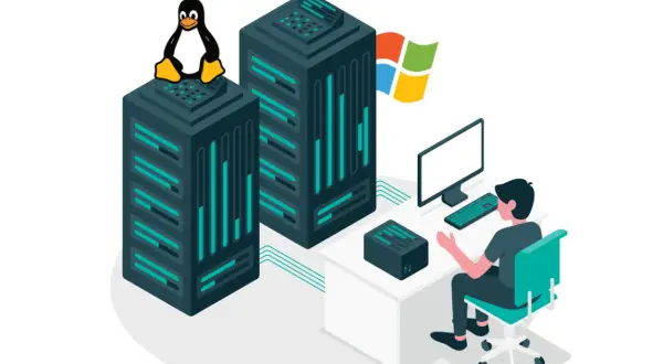 Osoba przy biurku zarządza serwerami, na jednym z nich siedzi pingwin Linux, obok powiewa flaga Windows. To obrazuje świat chmury, gdzie Azure Linux współistnieje z innymi technologiami.