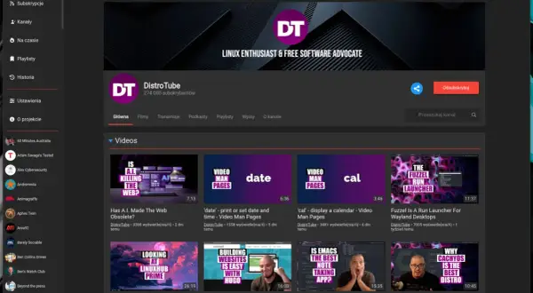 Strona kanału DistroTube w aplikacji FreeTube. Widzisz logo, nazwę kanału i listę filmów, np. o AI i Linuxie.