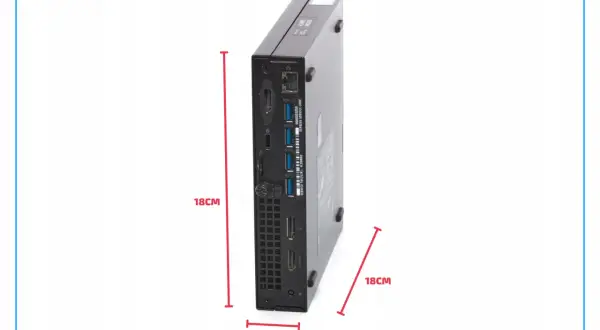 Kompaktowy komputer Dell Optiplex 790, wymiary 18x18x3,5 cm, z portami USB i HDMI.