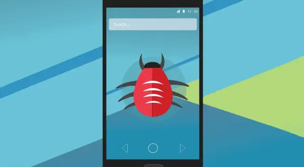 Grafika przedstawia smartfon z czerwoną kropką przypominającą wirusa na ekranie. Dowiedz się, jak wyczyścić telefon z wirusów.