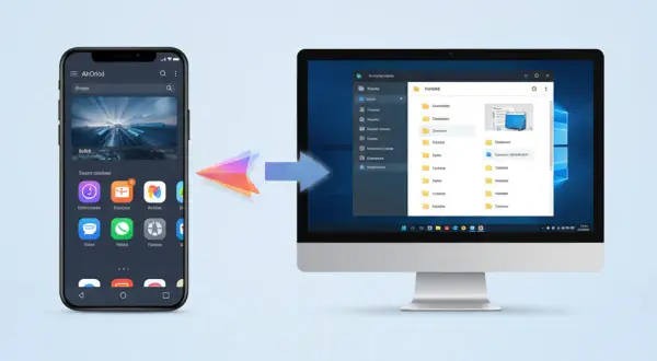 Synchronizacja telefonu z systemem android x86 z komputerem. Strzałka symbolizuje przepływ danych.