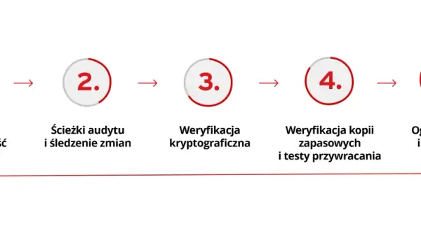 Schemat pięciu kroków: monitorowanie, ścieżki audytu, weryfikacja kryptograficzna, weryfikacja kopii zapasowych i ograniczenia. To jak sprawdzić, co to hasz.