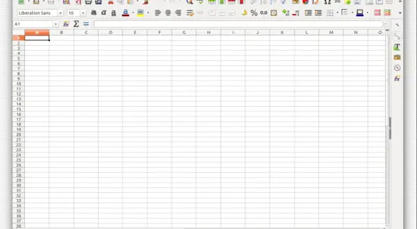 Pusta tabela w programie LibreOffice Calc, gotowa do wprowadzania danych.