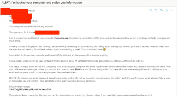 Mail od hakera z własnego maila. Groźba publikacji nagrania z kamery i danych, żądanie 500$ w Bitcoinach.