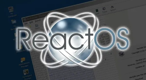 Logo React OS na tle ekranu z ikonami i kodem.
