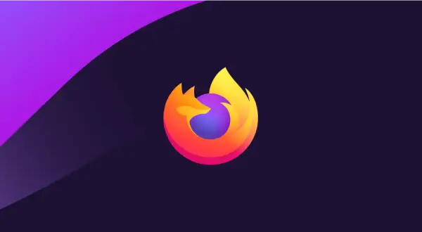 Logo Firefox w gradientach pomarańczu i żółci, otaczające fioletową kulę. Tło ciemnofioletowe z fioletowym pasem. Symbolizuje firefox aktualizacja.