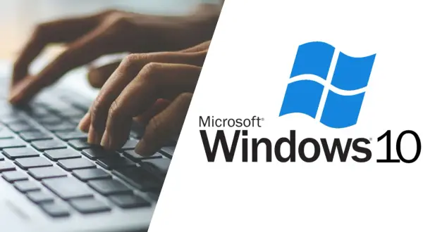 Dłonie piszą na klawiaturze laptopa obok logo Windows 10. Dowiedz się, windows 10 do kiedy wsparcie.
