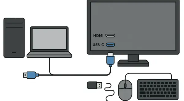 Ilustracja pokazuje, jak podłączyć monitor przez USB-C. Laptop jest połączony z monitorem kablem USB-C.