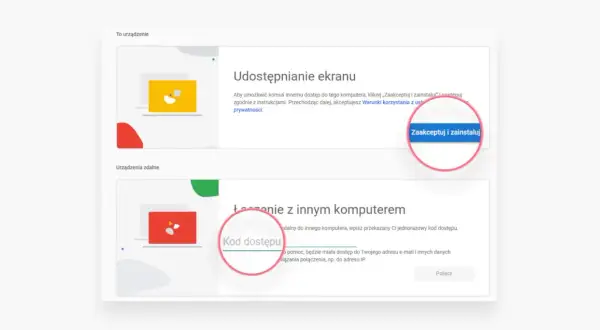 Ekran udostępniania i połączenie z innym komputerem. Kliknij "Zaakceptuj i zainstaluj", by umożliwić zdalny dostęp. To może być pomocne, gdy zastanawiasz się, rdp co to.