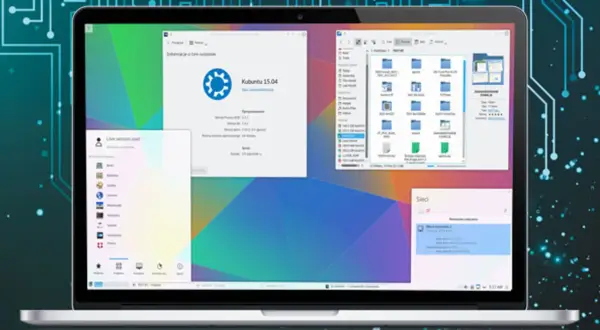Laptop z systemem Kubuntu 15.04, wyświetlający okna z informacjami o systemie, menedżerem plików i siecią.