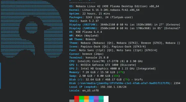 Terminal z Nobara Linux 42, pokazujący informacje o systemie, kernelu, sprzęcie i ustawieniach.