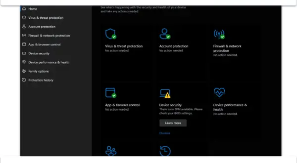 Interfejs Windows Defender pokazuje status ochrony: wirusów, konta, sieci i aplikacji. Wszystko działa poprawnie.