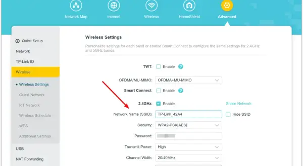 Ustawienia sieci bezprzewodowej routera TP-Link. Widoczny identyfikator sieci (SSID) to TP-Link_42A4.