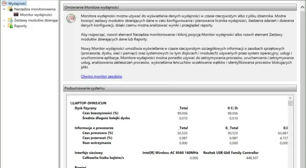 Monitor wydajności systemu Windows. Widok podsumowania systemu z danymi o dysku fizycznym, procesorze, interfejsie sieciowym i pamięci.