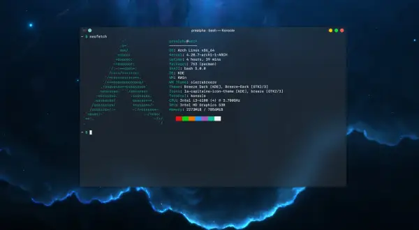 Terminal z neofetch na systemie BlackArch Linux, pokazujący informacje o systemie i sprzęcie.