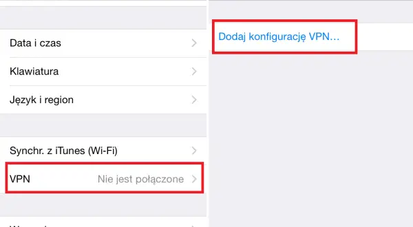 Ekran iPhone'a z opcją "Dodaj konfigurację VPN..." oraz sekcją "VPN" z informacją "Nie jest połączone".