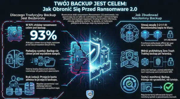 Grafika przedstawia zagrożenia związane z atakami **conti ransomware** i sposoby budowania odpornego backupu. Widać tu zniszczone sejfy, zamki, wieże obronne i schematy zabezpieczeń.