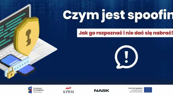 Grafika ilustruje czym jest spoofing: laptop, telefon, tarcza z kluczem i hasło. Jak go rozpoznać i nie dać się nabrać?