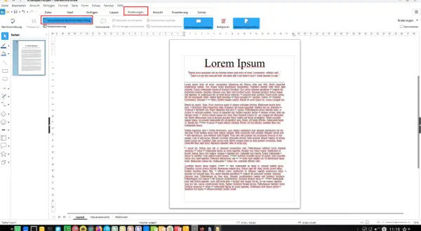 W oknie LibreOffice Draw włączona jest "Automatyczna Rechtschreibprüfung" w zakładce "Änderungen".