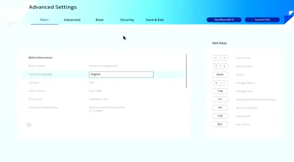 Ekran ustawień zaawansowanych, gdzie widać informacje o BIOS, co to bios i skróty klawiszowe.