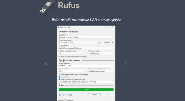 Rufus tworzy bootowalny USB z Windows 11. Widok programu Rufus, przygotowanie nośnika.