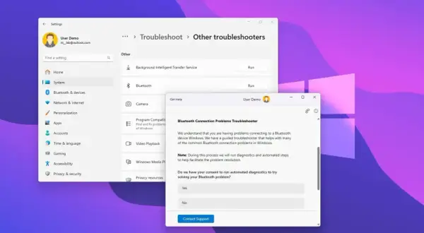 Rozwiązywanie problemów z połączeniem Bluetooth w Windows 11. Uruchomiono narzędzie do rozwiązywania problemów z Bluetooth.