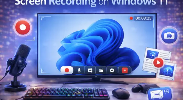 Chcesz wiedzieć, jak nagrac ekran Windows? Zobacz ten zestaw do nagrywania: monitor z ikonami, mikrofon, klawiatura i myszka.