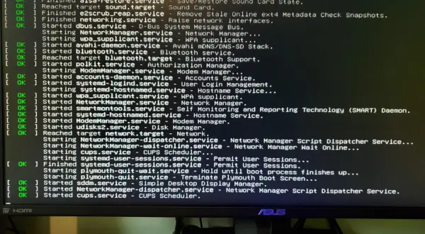 Ekran z logami startowymi systemu Linux, widoczne są komunikaty o uruchamianiu usług, w tym NetworkManager i dkms.