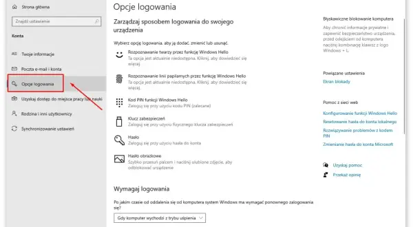 Ustawienia konta Windows: opcje logowania, gdzie można zmienić hasło na komputerze, ustawić PIN lub hasło obrazkowe.