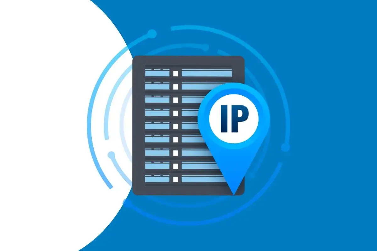 Ikona lokalizacji z literami "IP" na tle serwerowni. Dowiedz się, jak sprawdzić IP.