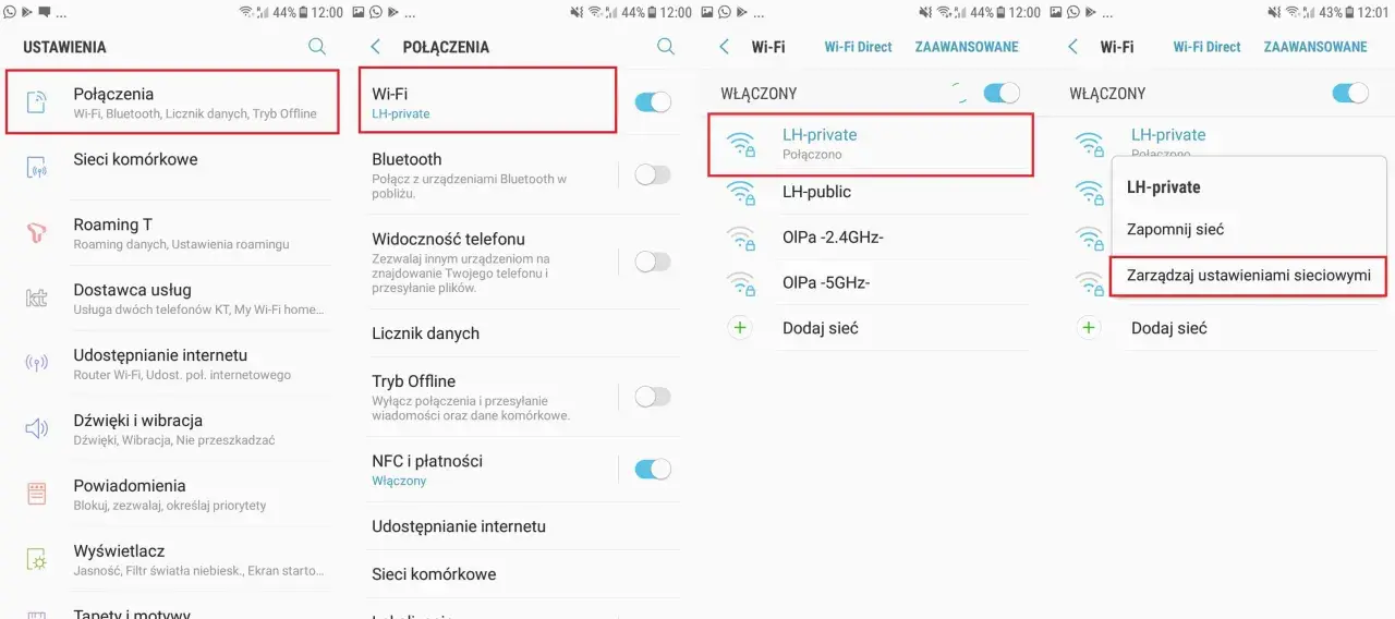 Jak zmienić DNS? Na ekranie telefonu widać opcje "Połączenia", "Wi-Fi", a następnie "Zarządzaj ustawieniami sieciowymi".