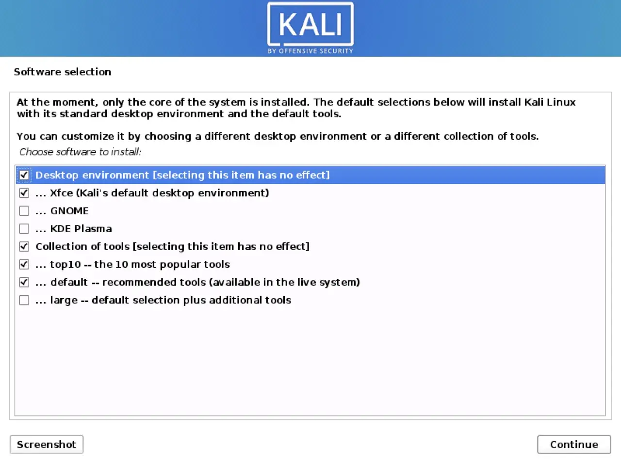 Instalacja Kali Linux ISO: wybór środowiska Xfce i popularnych narzędzi.