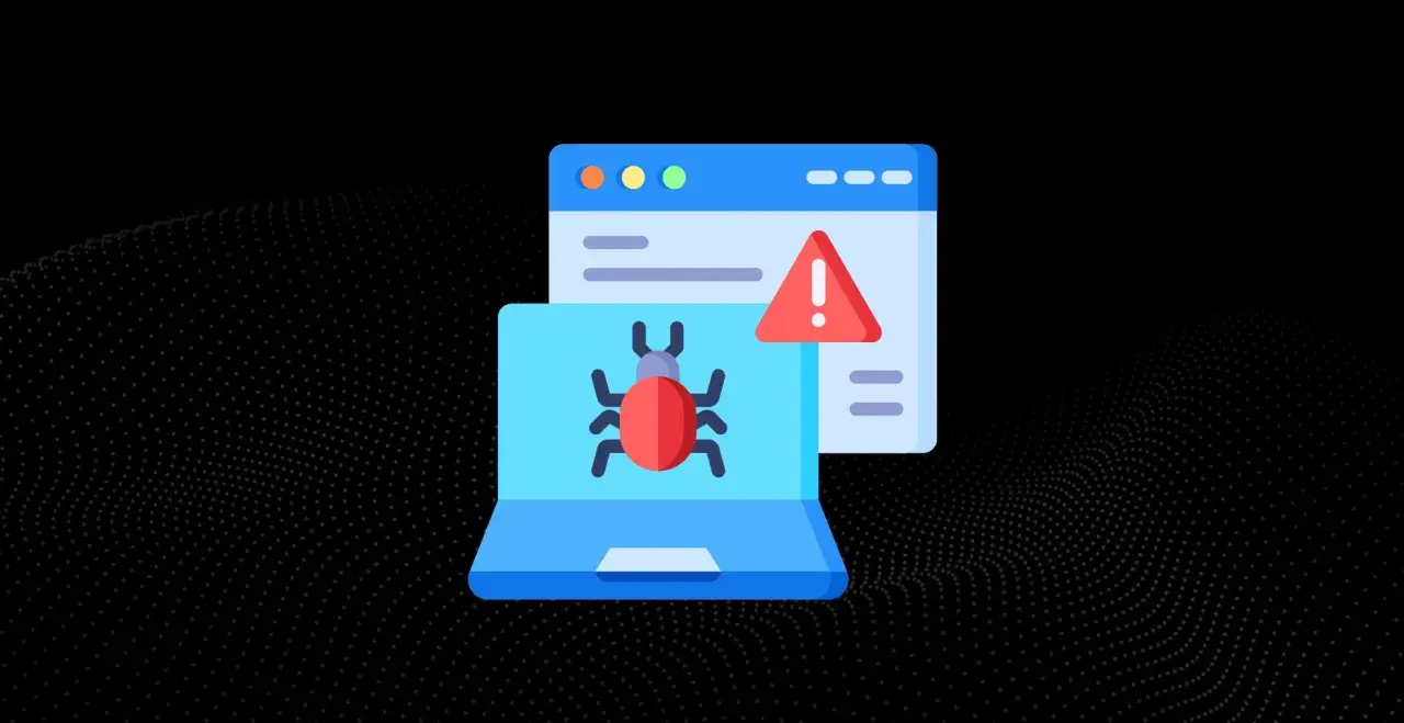 Komputer z czerwoną kropką (robakiem) i ostrzeżeniem. To ilustracja pokazująca, czym jest malware.