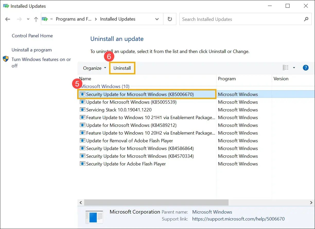 Jak odinstalować sterowniki: zaznacz aktualizację "Security Update for Microsoft Windows (KB5006670)" i kliknij "Uninstall".