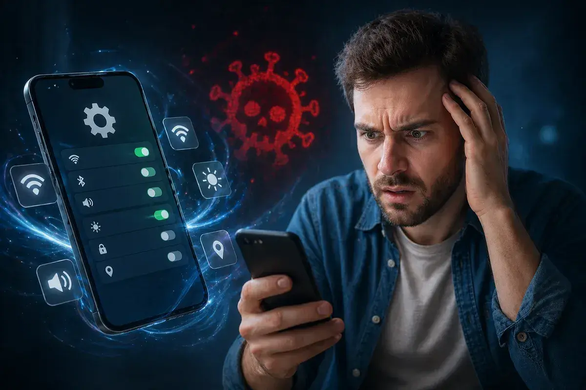 Przerażony mężczyzna patrzy na smartfon, z którego wyskakują ikony i symbol wirusa. Wygląda, jakby wirus wysyła smsy, przejmując kontrolę nad jego urządzeniem.