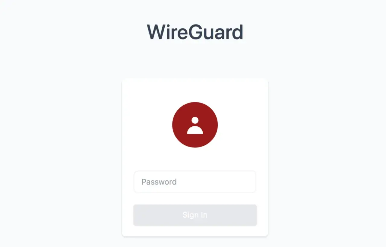 Ekran logowania WireGuard VPN. Czerwone kółko z ikoną użytkownika, pole na hasło i przycisk "Sign In".