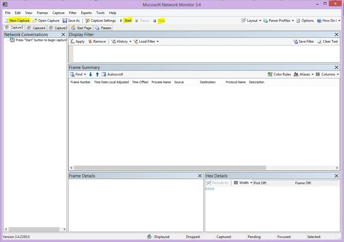 Microsoft Network Monitor 3.4, narzędzie do analizy ruchu sieciowego, podobne do tcpdump w systemie Windows.