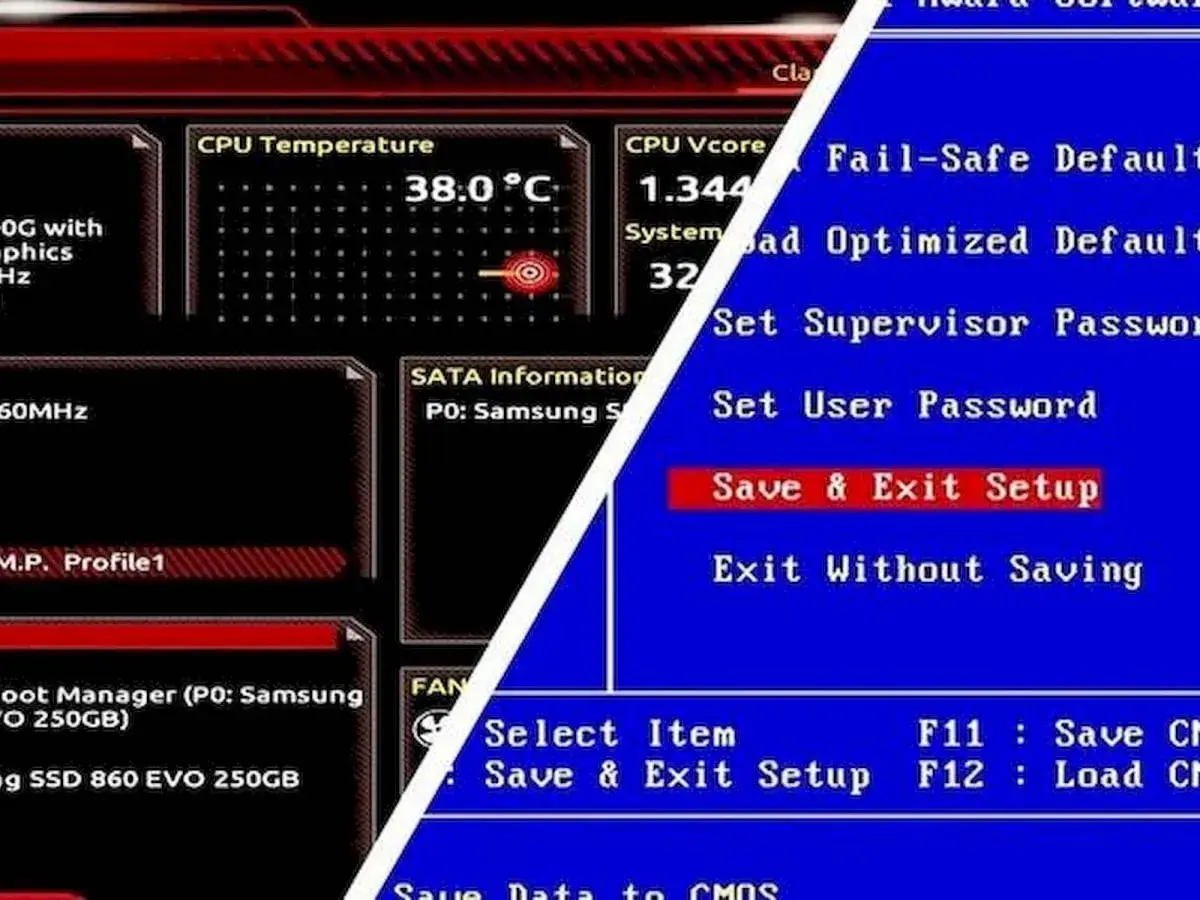Ekran ustawienia BIOS. Widoczne informacje o temperaturze CPU, napięciu, danych SATA i opcje takie jak "Save & Exit Setup".