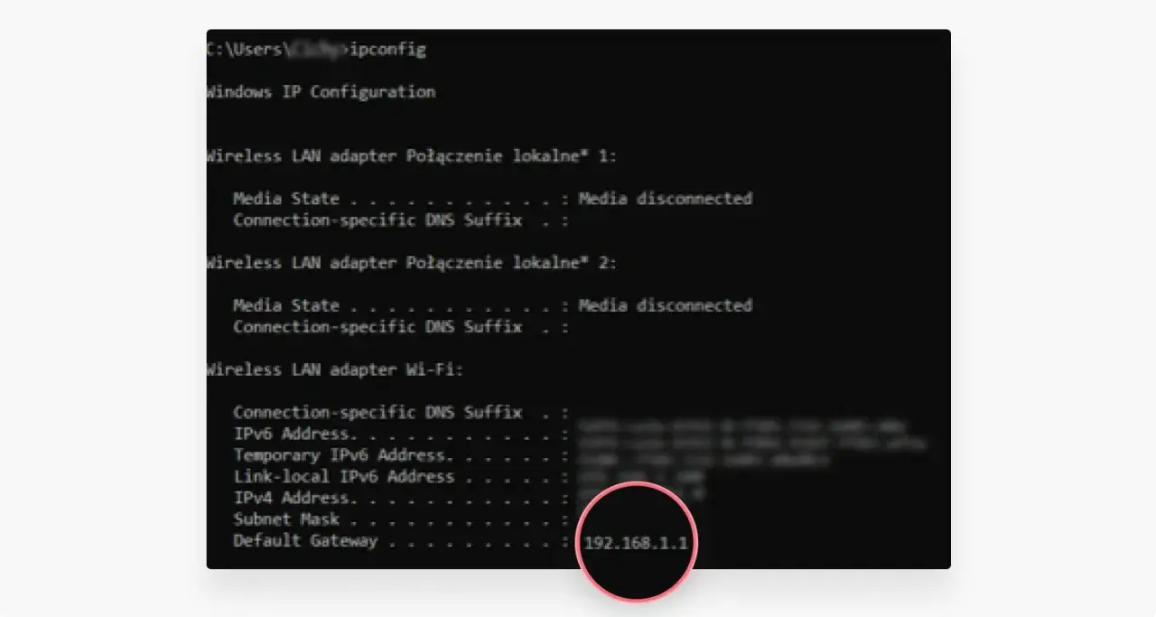 Wynik polecenia ipconfig pokazuje, jak sprawdzić IP komputera. Widoczny jest adres IPv4: 192.168.1.1.