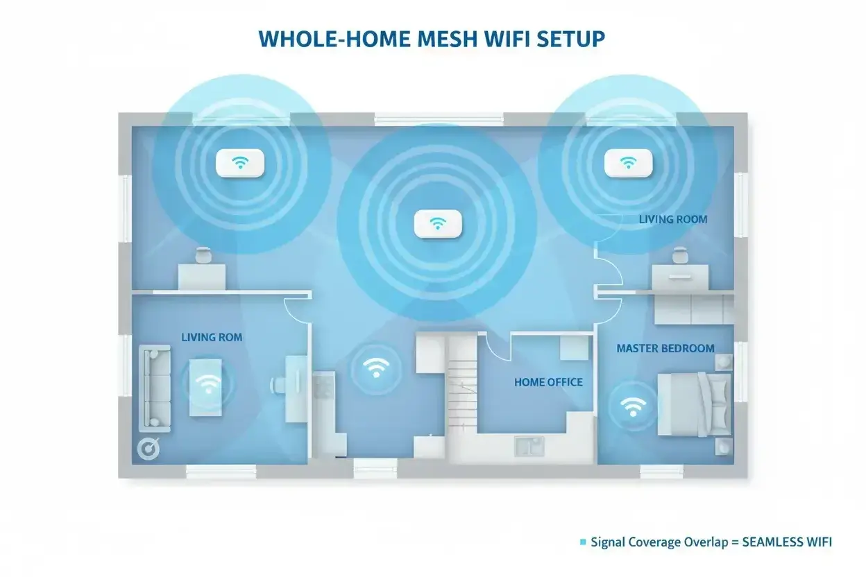 Schemat domu z trzema punktami dostępu tworzącymi sieć mesh. Sygnał Wi-Fi pokrywa całe mieszkanie, zapewniając płynne połączenie.
